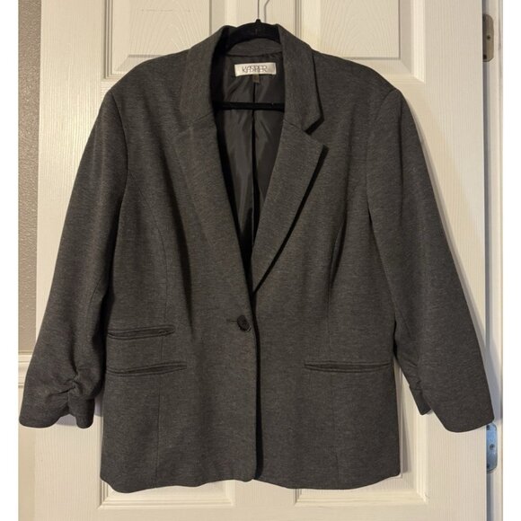 Kasper Suit Jacket Blazer 16 Gray 1 Button Stretch Ruched Sleeves - Picture 3 of 15